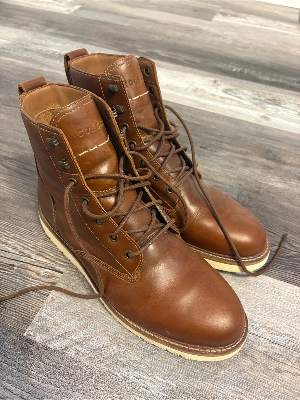 Cole Haan Men's Tan Leather Lace-Up Work Boots with Cream Sole
